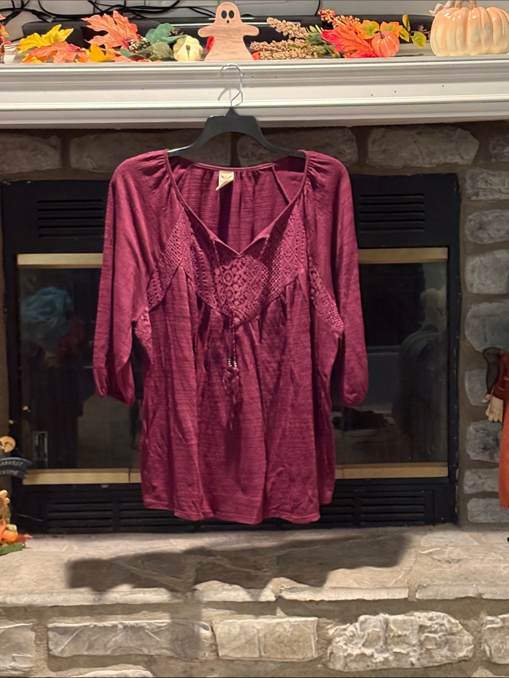 Faded Glory Burgundy Crochet Yoke Peasant Tunic